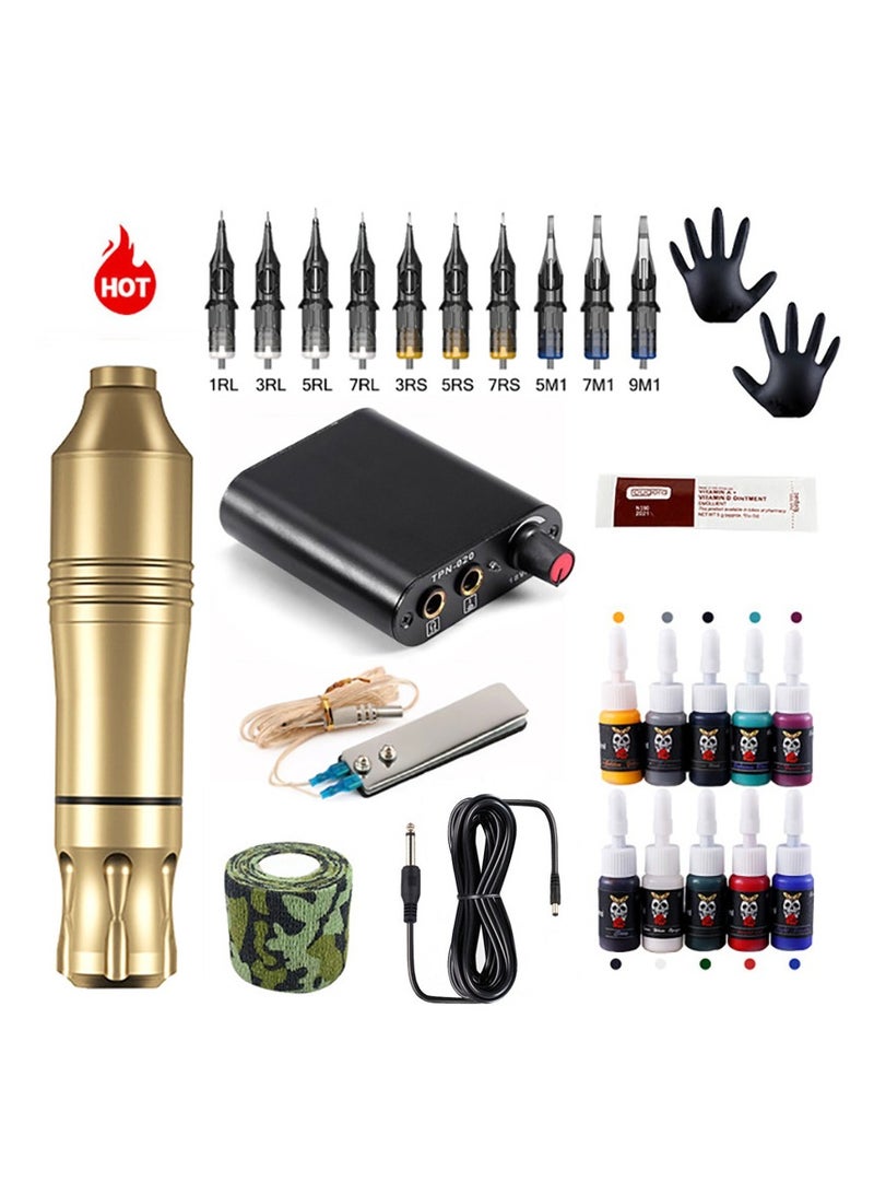 Tattoo Pen Kit, All In One Tattoo Machine Set, Durable Safe Tattoo Supplies Kit, Tattoo Pen, Tattoo Integrated Needles, Tattoo Pigment 10 Colors Set, Steel Pedal, Repair Cream, Bnadage, (Golden Suit) - Image 1
