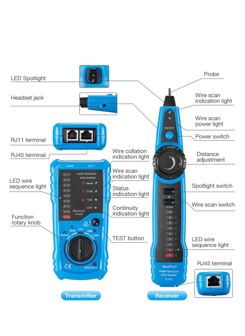Network Cable Tester, RJ11 RJ45 Line Finder, Wire Tracker Multifunction with Probe, Cable Sequence Calibration, Ethernet LAN Network Cat5 Cat6 Cable Maintenance Collation, Telephone Line Test