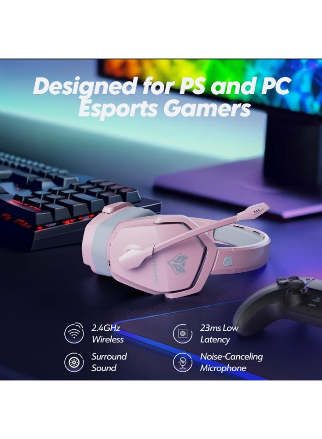 نوبو سماعة ألعاب لاسلكية مزدوجة NUBWO G06 مع ميكروفون لأجهزة PS5 وPS4 والكمبيوتر الشخصي والهواتف المحمولة وSwitch: لاسلكية بتردد 2.4 جيجاهرتز + بلوتوث - بطارية تدوم 100 ساعة - مكبرات صوت 50 مم - لون وردي - Image 2