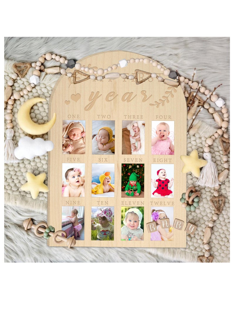 XICEN - My First Year Photo Display Wood Board Baby's First Year Photo Frame Milestone Board Baby Age Stages Picture Frame Home Nursery Decorations New Born Keepsake 1st Birthday Gift for Infants Boys Girls - Image 1