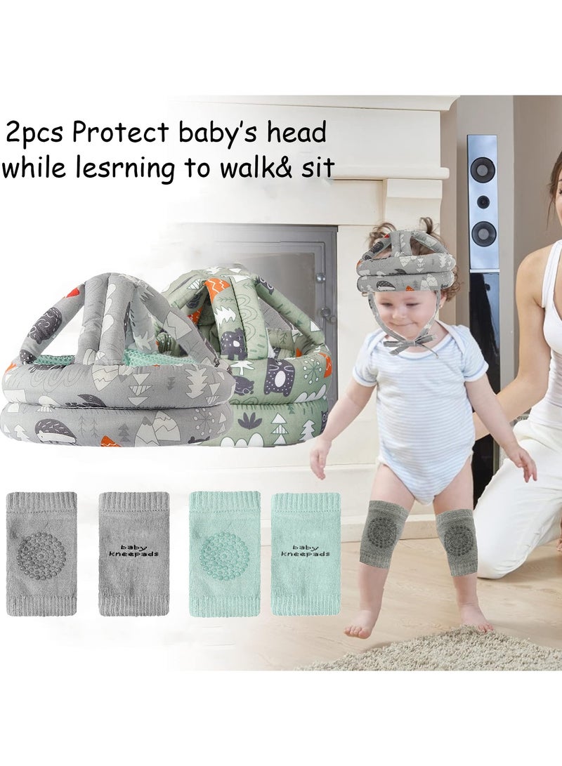 LEFAFA Baby Safety Helmet, 2 Pack Baby Head Protector with 2 Pairs Knee Pads, Adjustable Protective Cap Infant Baby Safety Headguard, No Bumps and Soft Cushion for Crawling Walking - Image 1