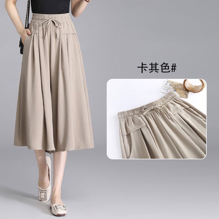 2024 Summer New High Waist Dipping Ice Silk Wrinkled Wide-leg Cropped Pants Korean Casual Pants Loose Thin Culottes for Women wine red - Image 2