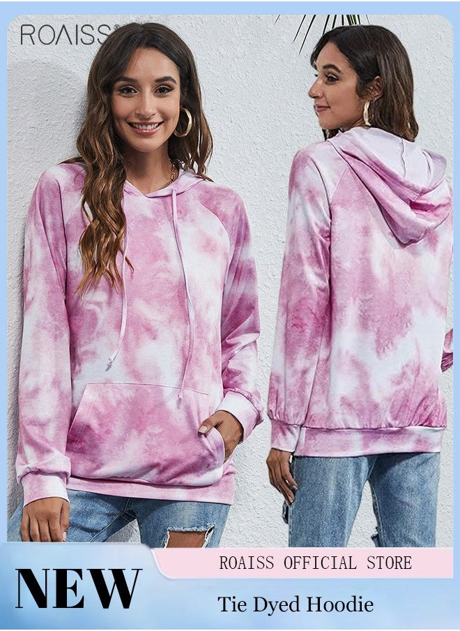 roaiss Women'S Casual Tie Dye Hoodie Hat Drawstring Design Top Loose Pocket Pullover  - Image 1