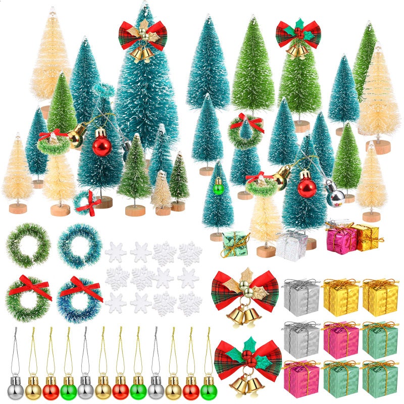 Sosation 67 Pcs Miniature Christmas Trees Set Artificial Bottle Brush Christmas Tree with Wood Base Mini Sisal Frosted Xmas Craft Set with Tiny Wreath Gift Box for Home Tabletop DIY Decor - Image 2