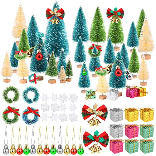 Sosation 67 Pcs Miniature Christmas Trees Set Artificial Bottle Brush Christmas Tree with Wood Base Mini Sisal Frosted Xmas Craft Set with Tiny Wreath Gift Box for Home Tabletop DIY Decor - Image 1