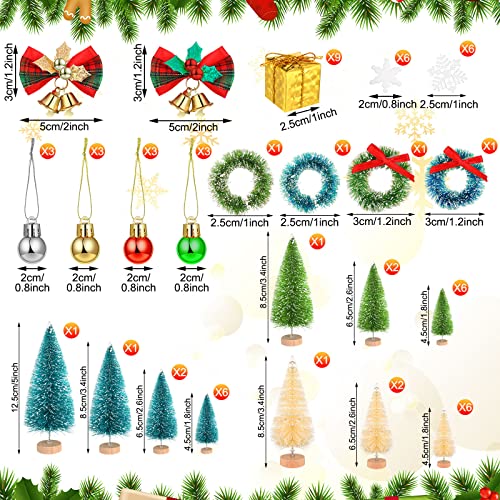 Sosation 67 Pcs Miniature Christmas Trees Set Artificial Bottle Brush Christmas Tree with Wood Base Mini Sisal Frosted Xmas Craft Set with Tiny Wreath Gift Box for Home Tabletop DIY Decor - Image 3