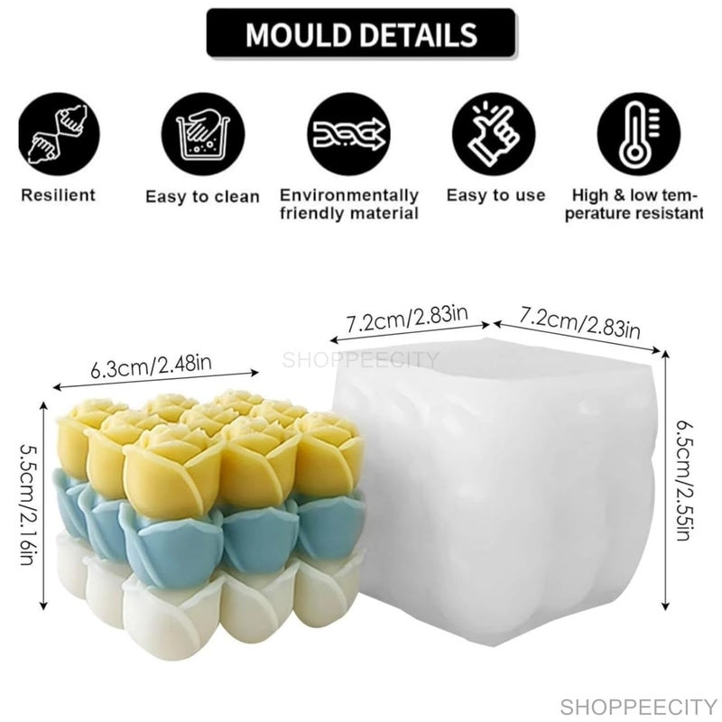 Shoppeecity 3D Rose Flower Cube Candle Mold I 3D Fondant Bubble Rubik Cube Silicone Wax Epoxy Mould I Square Succulent Molds for DIY Handmade Chocolate Cake Dcor Aromatherapy Soap Resin Art Craft Home Decoration Rose Rubik - Image 3