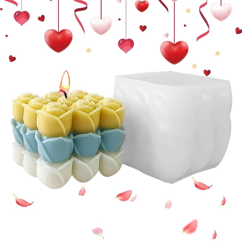 Shoppeecity 3D Rose Flower Cube Candle Mold I 3D Fondant Bubble Rubik Cube Silicone Wax Epoxy Mould I Square Succulent Molds for DIY Handmade Chocolate Cake Dcor Aromatherapy Soap Resin Art Craft Home Decoration Rose Rubik - Image 1