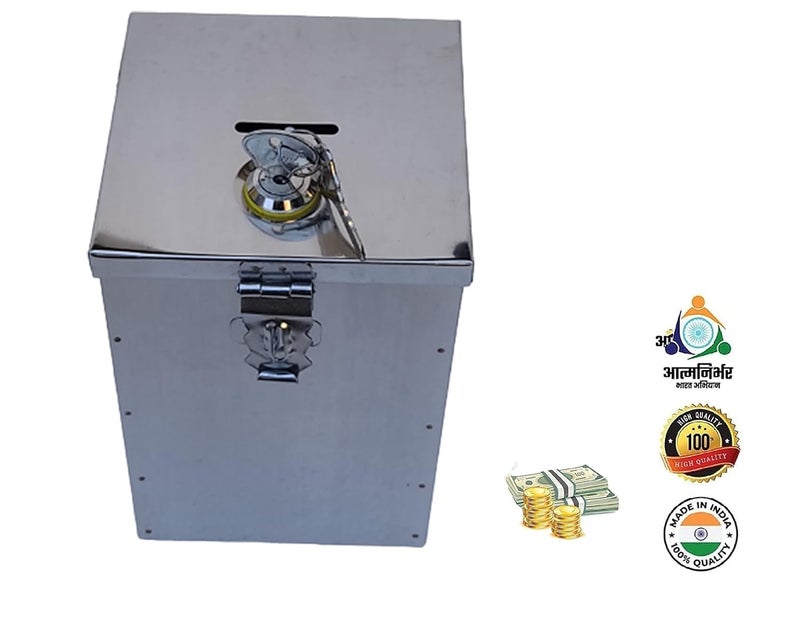GinoSet ® Coin Box, Piggy Bank, Gullak, Donation, Suggestion Box, Antique Coin Bank Box Money Organiser Stainless Steel Body (7.5 Inch) Box(H- 7.5" W-5" L-5.5") (with Pre Fited Lock & 2 Key) - Image 4