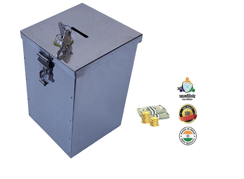 GinoSet ® Coin Box, Piggy Bank, Gullak, Donation, Suggestion Box, Antique Coin Bank Box Money Organiser Stainless Steel Body (7.5 Inch) Box(H- 7.5" W-5" L-5.5") (with Pre Fited Lock & 2 Key) - Image 2