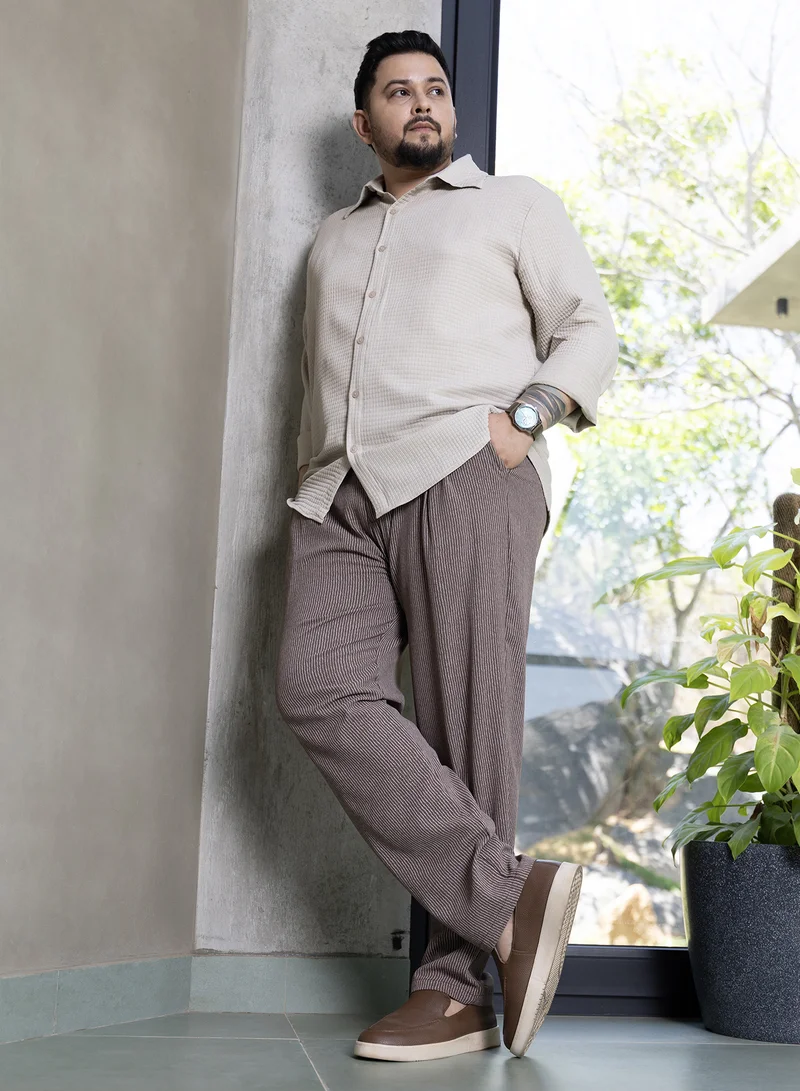 Instafab Plus  Instafab Plus Men's Mocha Brown Striped Tailored Trousers For Casual Wear | Mid-Rise | Regular Fit | Button Closure | Plus Size Trousers Crafted With Comfort Fit For Everyday Wear for Men | Best Price UAE