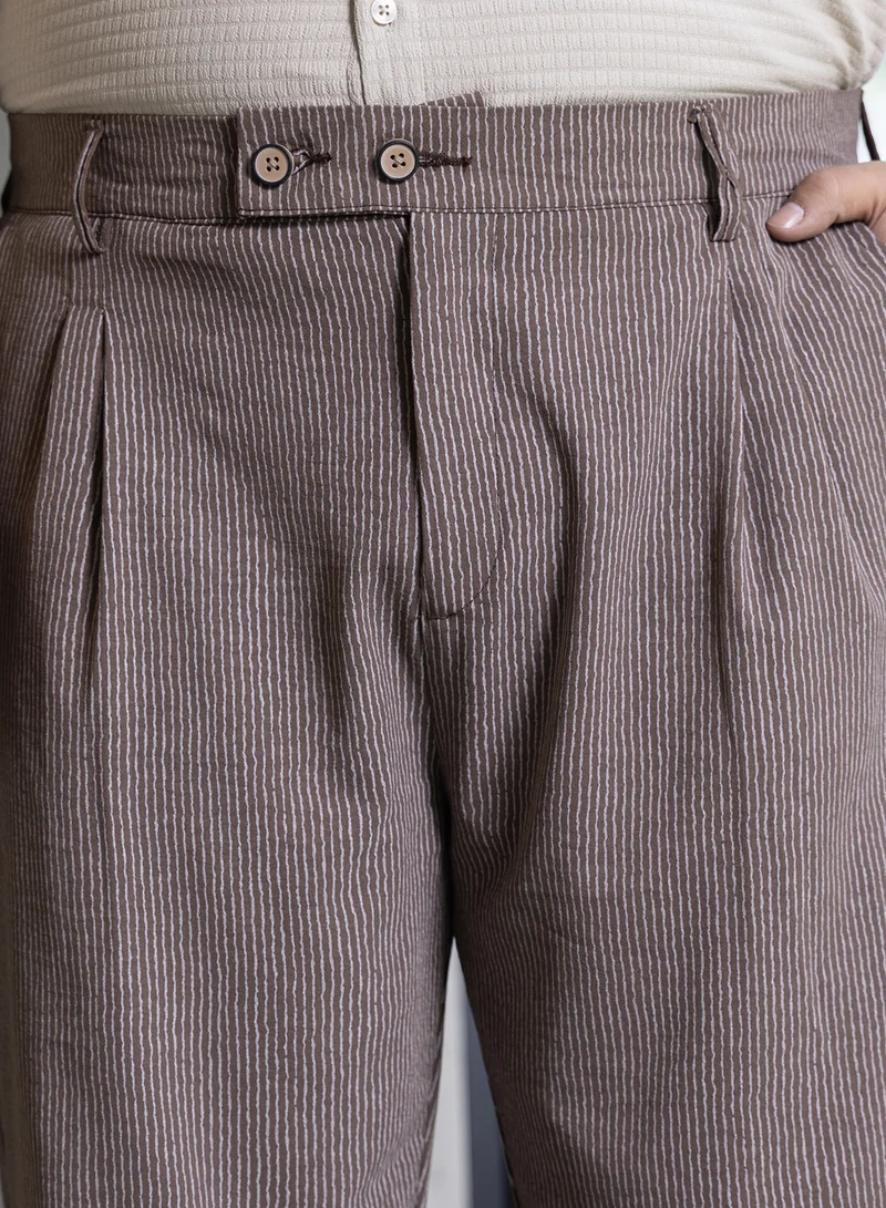 Instafab Plus  Instafab Plus Men's Mocha Brown Striped Tailored Trousers For Casual Wear | Mid-Rise | Regular Fit | Button Closure | Plus Size Trousers Crafted With Comfort Fit For Everyday Wear for Men | Best Price UAE