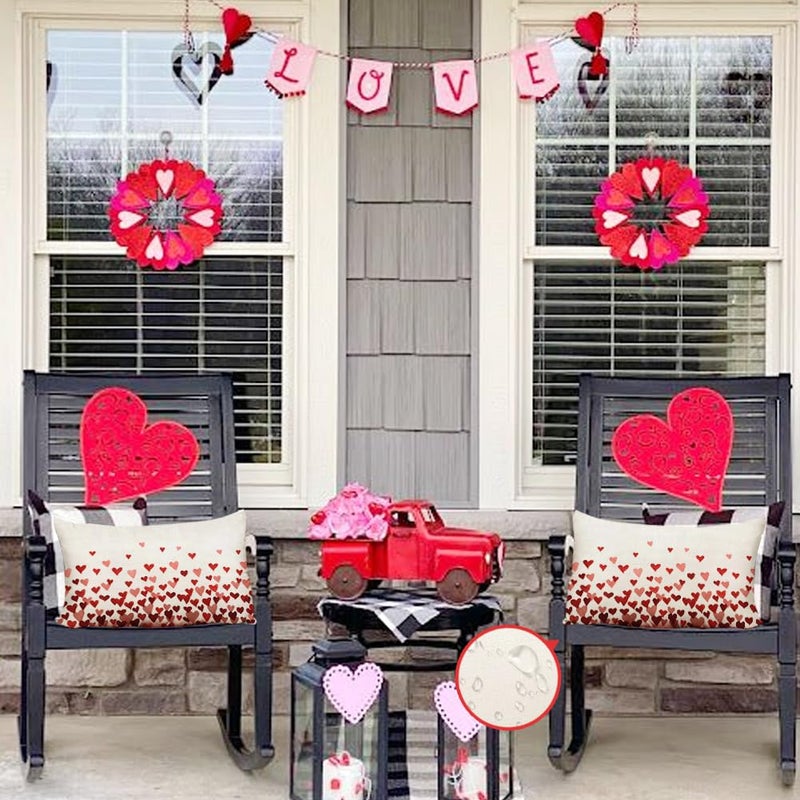 RABUSOFA Valentines Pillow Covers 12x20 Indoor Outdoor Waterproof Red Pink Hearts Throw Decorative Lumbar Cushion Cases Decorations for Home Couch Patio(26016-12) - Image 4