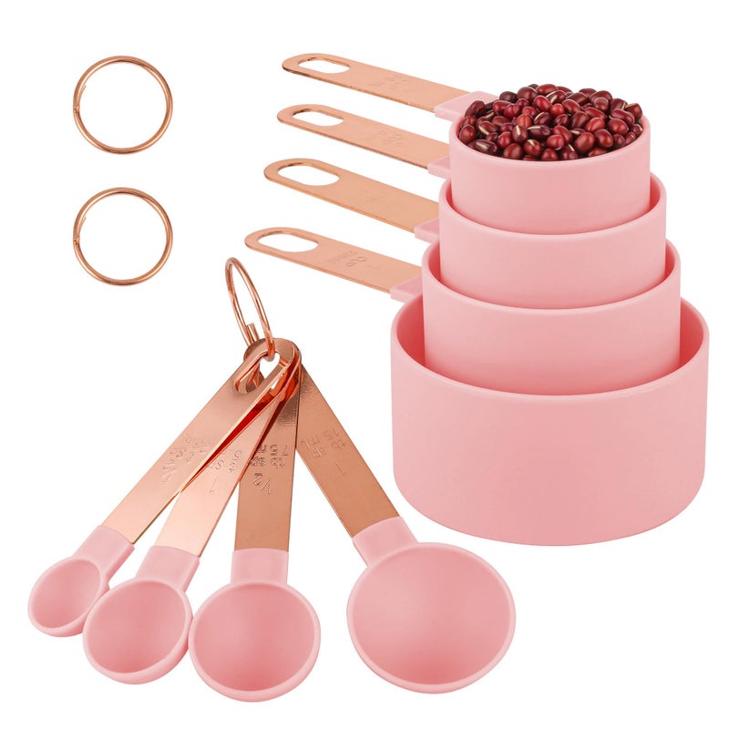 Mozano 8-Piece Stackable Rose Gold Stainless Steel Handled Measuring Cups and Spoons for Measuring Dry and Liquid Ingredients (Pink) - Image 1