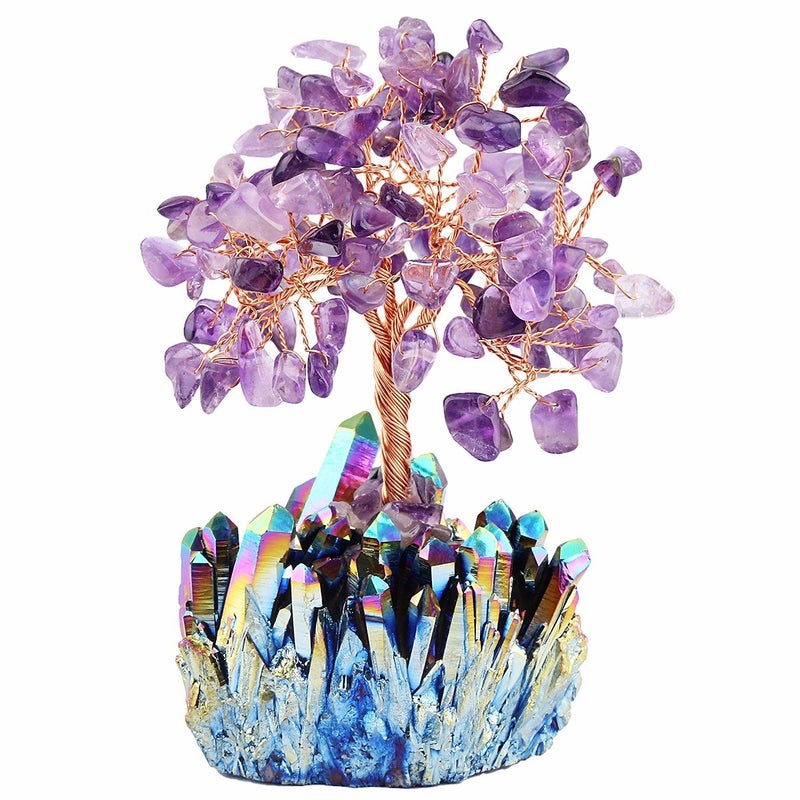 mookaitedecor Amethyst Crystal Tree Quartz Cluster Rainbow Titanium Crystals Base Bonsai Money Tree for Wealth and Luck