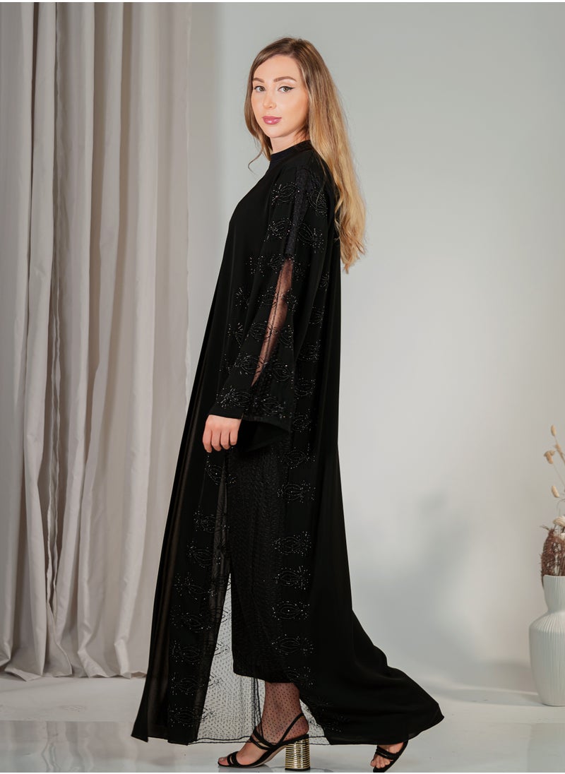 Noor Zara - Elegant Black Embroidered Abaya with Sheer Lace Sleeves - Image 1