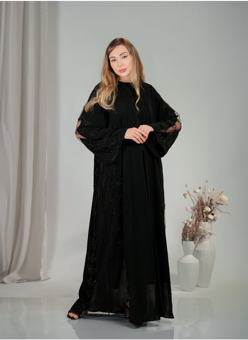 Noor Zara - Elegant Black Embroidered Abaya with Sheer Lace Sleeves - Image 1