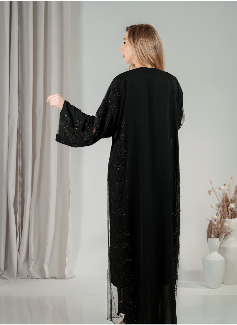 Noor Zara - Elegant Black Embroidered Abaya with Sheer Lace Sleeves - Image 1