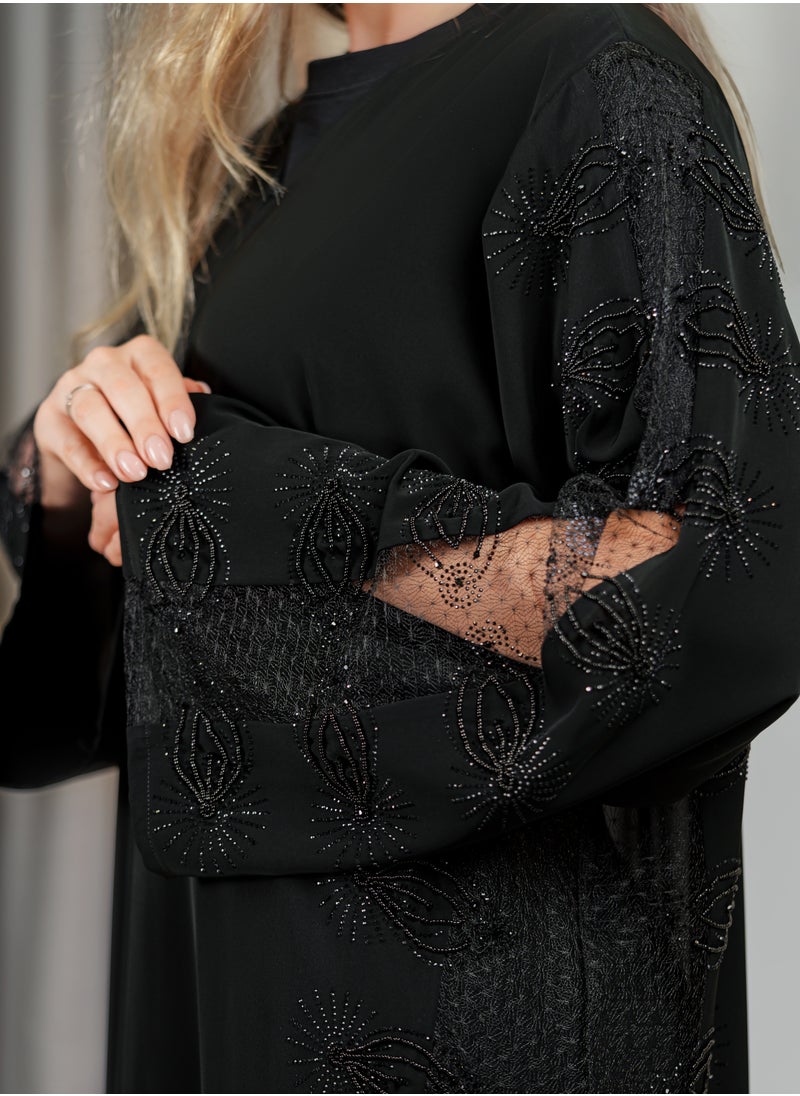 Noor Zara - Elegant Black Embroidered Abaya with Sheer Lace Sleeves - Image 1