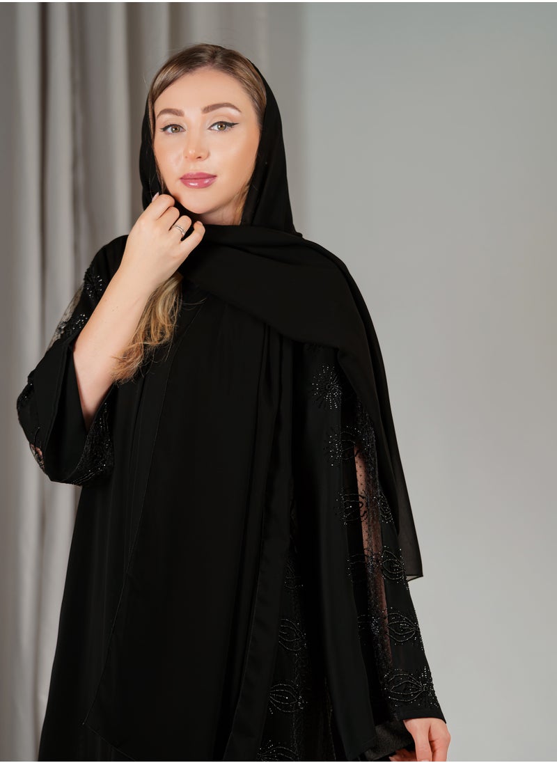 Noor Zara - Elegant Black Embroidered Abaya with Sheer Lace Sleeves - Image 1