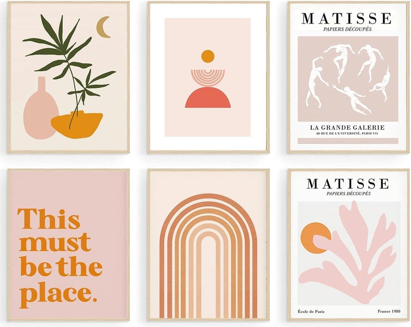مجموعة مطبوعات فن الجدار ماتيس 6 قطع، ملصقات معرض فن ماتيس التجريدي، مطبوعات فن قماش بوهيمي بسيطة لتزيين الغرف باللون البيج والوردي، تزيين جدار بوهيمي للغرفة الجمالية، غرفة النوم، المعيشة
