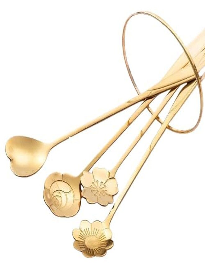 PORMONO Stainless Steel Gold Flower Dessert Spoons, Set of 4, Coffee Spoons with Storage Bag - Image 1