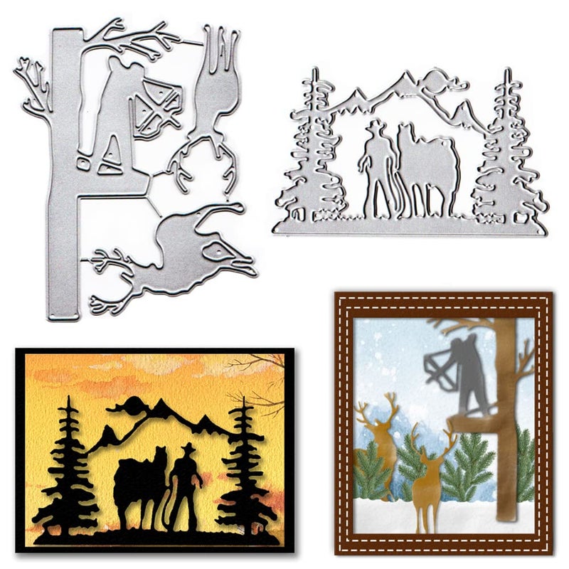 Metal Tree Background Cutting Dies for Card Making Man Hunt Die Cuts Elk Camel Deer Embossing Stencils Template Mould for Card Scrapbooking and DIY Craft Album Paper Card Decor