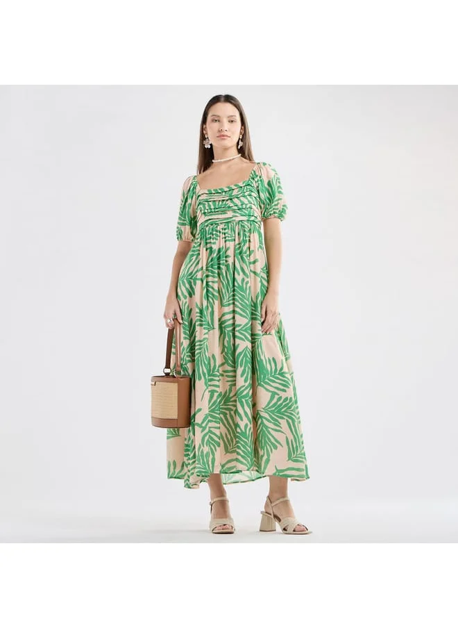 FAV All-Over Print Maxi Dress with Square Neck and Short Sleeves