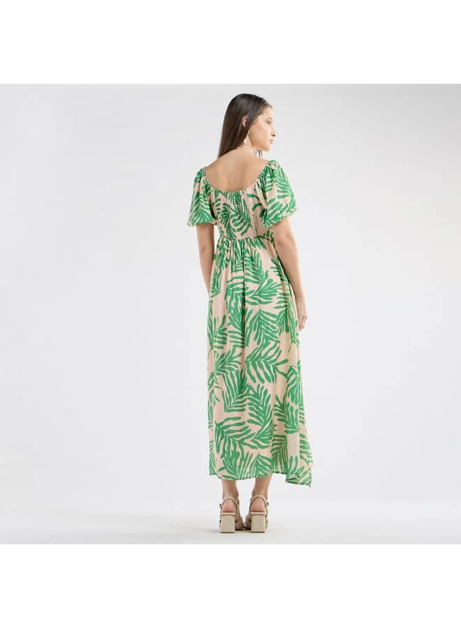 Splash FAV All-Over Print Maxi Dress with Square Neck and Short Sleeves