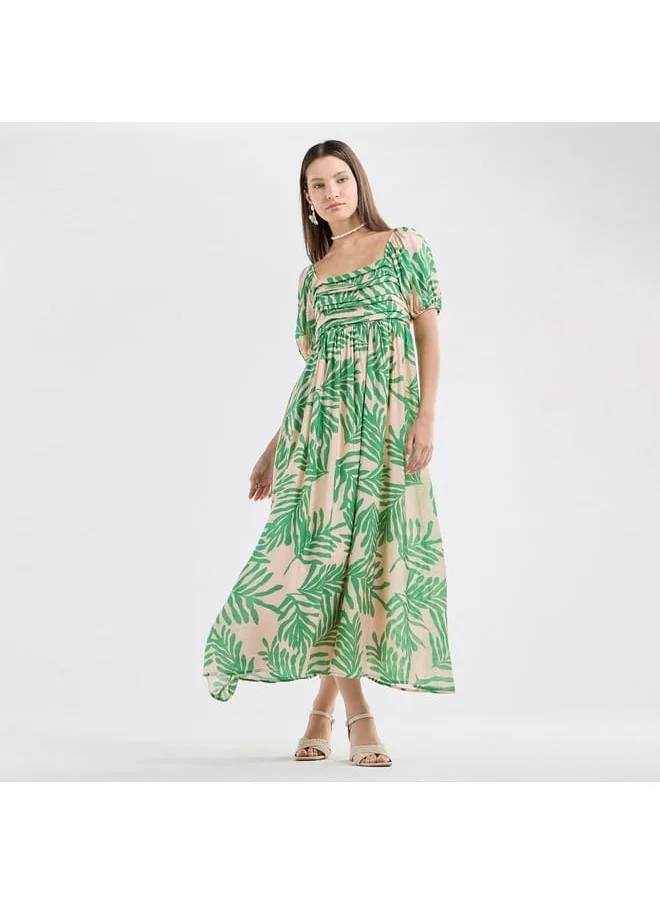 FAV All-Over Print Maxi Dress with Square Neck and Short Sleeves