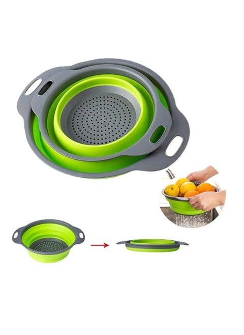 2-Piece Collapsible Silicone Strainer Basket Set with Drain Holes - Foldable Design for Kitchen, Travel, Draining Pasta & Vegetables (Green Edge)