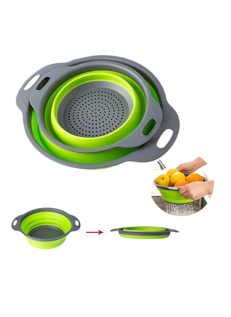 Bukela - 2-Piece Collapsible Silicone Strainer Basket Set with Drain Holes - Foldable Design for Kitchen, Travel, Draining Pasta & Vegetables (Green Edge) - Image 1