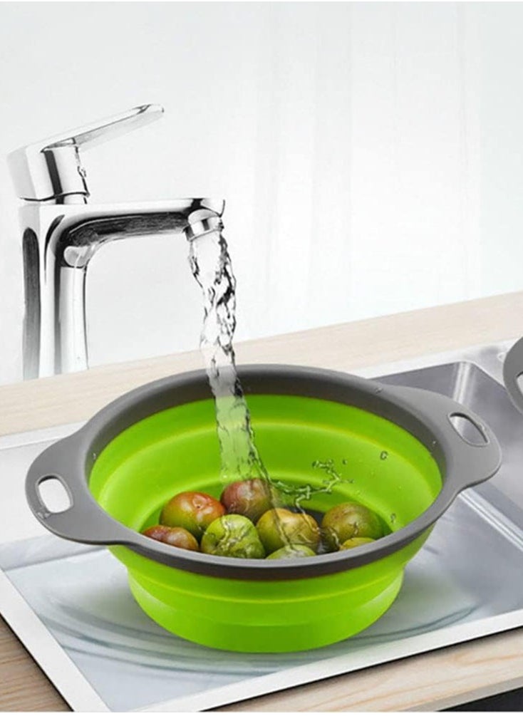Bukela - 2-Piece Collapsible Silicone Strainer Basket Set with Drain Holes - Foldable Design for Kitchen, Travel, Draining Pasta & Vegetables (Green Edge) - Image 1