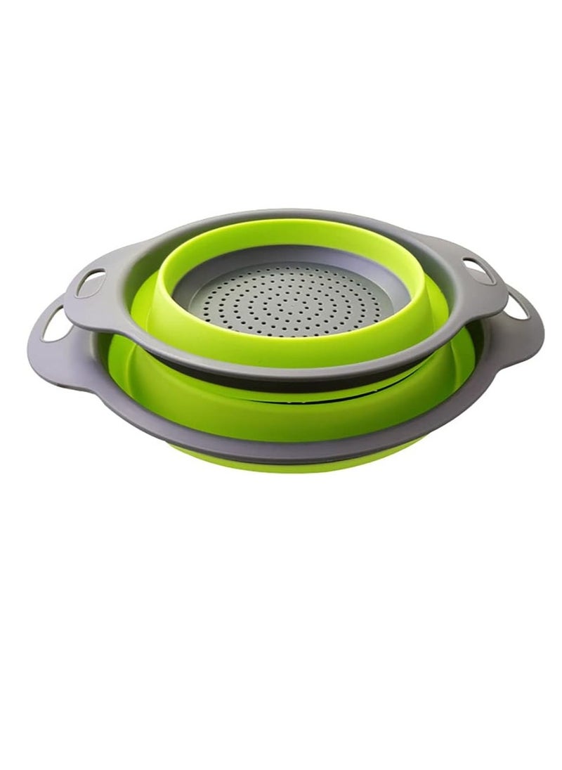 Bukela - 2-Piece Collapsible Silicone Strainer Basket Set with Drain Holes - Foldable Design for Kitchen, Travel, Draining Pasta & Vegetables (Green Edge) - Image 1