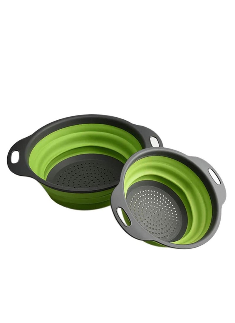 Bukela - 2-Piece Collapsible Silicone Strainer Basket Set with Drain Holes - Foldable Design for Kitchen, Travel, Draining Pasta & Vegetables (Green Edge) - Image 1