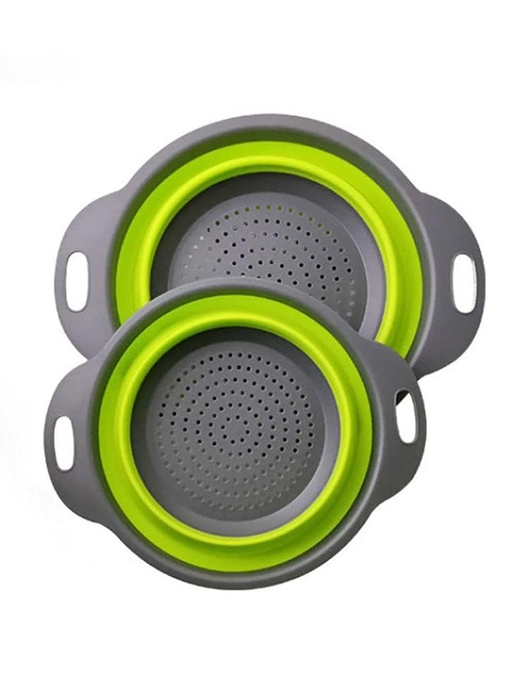 Bukela - 2-Piece Collapsible Silicone Strainer Basket Set with Drain Holes - Foldable Design for Kitchen, Travel, Draining Pasta & Vegetables (Green Edge) - Image 1