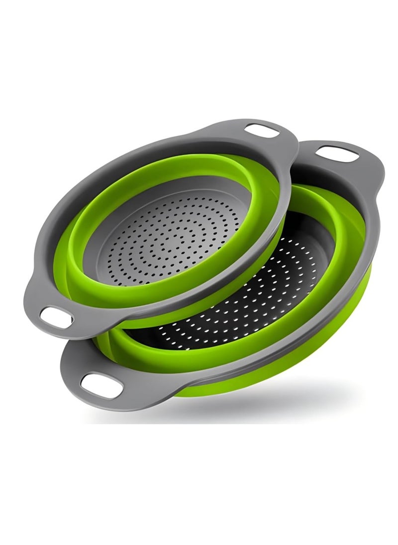 Bukela - 2-Piece Collapsible Silicone Strainer Basket Set with Drain Holes - Foldable Design for Kitchen, Travel, Draining Pasta & Vegetables (Green Edge) - Image 1