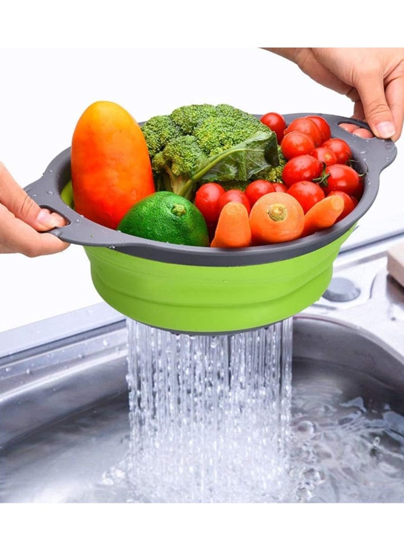 Bukela - 2-Piece Collapsible Silicone Strainer Basket Set with Drain Holes - Foldable Design for Kitchen, Travel, Draining Pasta & Vegetables (Green Edge) - Image 1