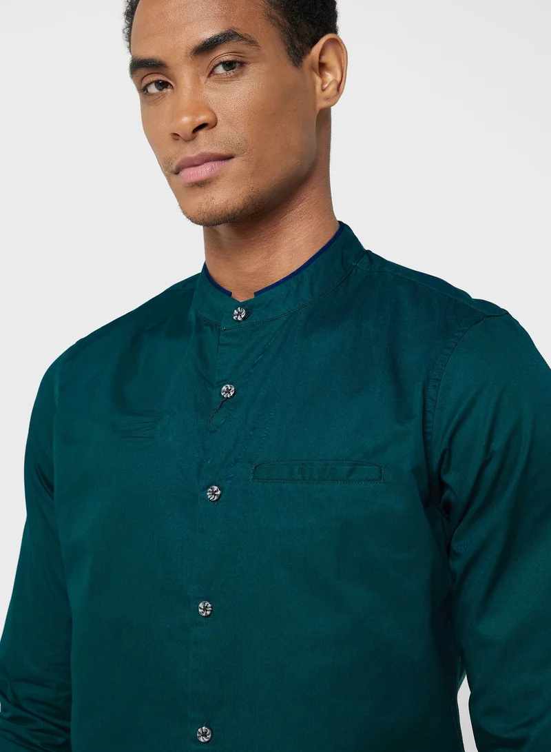 Thomas Scott Thomas Scott Classic Slim Fit Mandarin Collar Cotton Casual Shirt