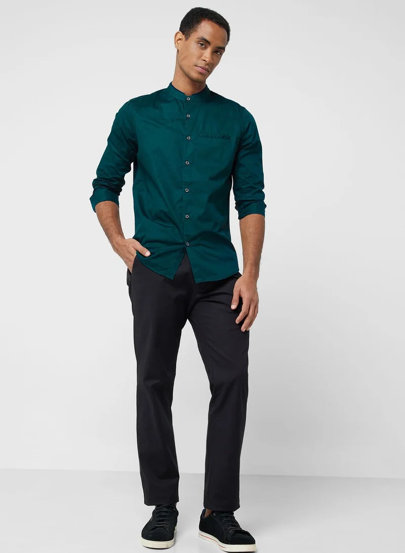 Thomas Scott Thomas Scott Classic Slim Fit Mandarin Collar Cotton Casual Shirt