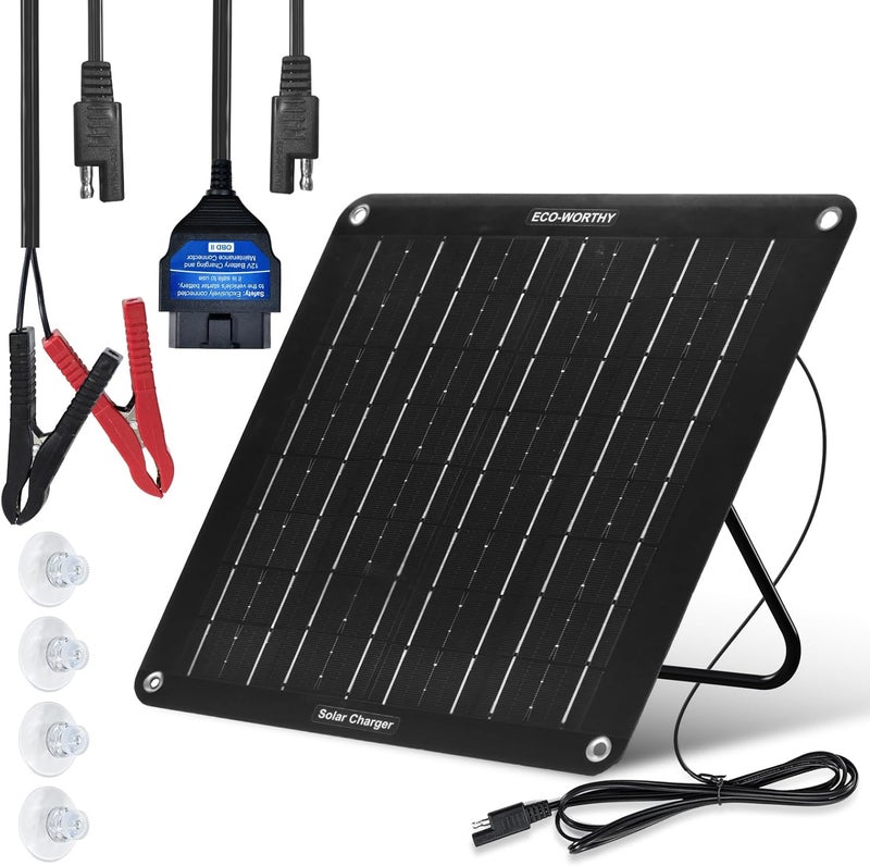 ECO-WORTHY Upgraded OBDII 10W Solar Battery Trickle Charger Maintainer-12V Waterproof Solar Panel Trickle Charger Kit with Portable Stand for Car Truck Boat Mower RV Trailer ATV Marine Battery - Image 1