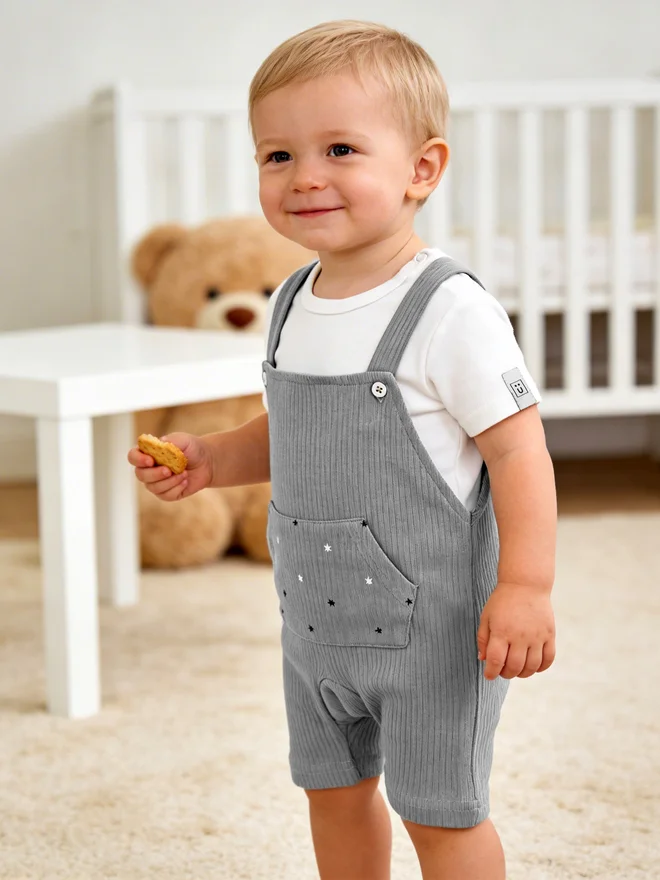 بابيز_بيسك Babies Basic Premium Ribbed Cotton Dungaree with Short Sleeves T-Shirt