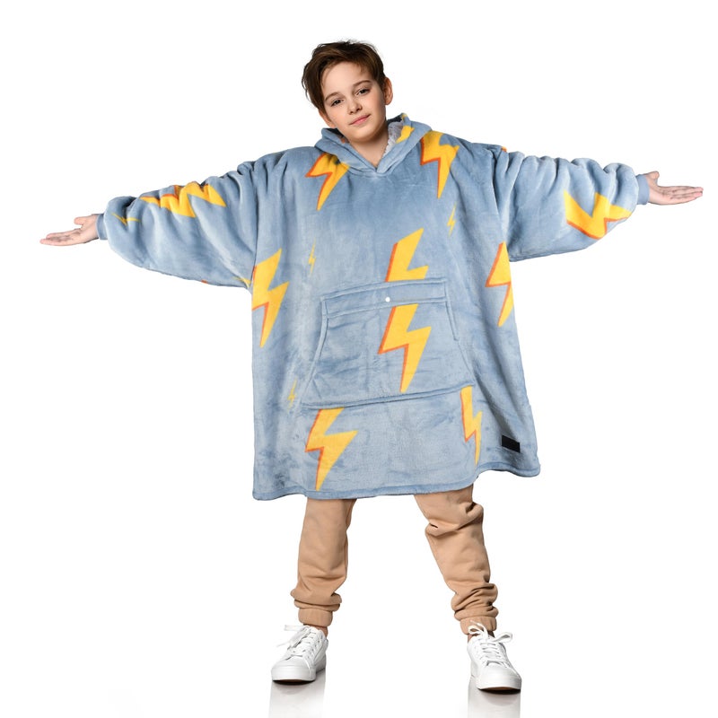 Solaris Thunder Lightning Kids Wearable Blanket Hoodie  Cozy Warm Sherpa Fleece Sweatshirt Pullover with Larger Pocket for Teens Girls Boys