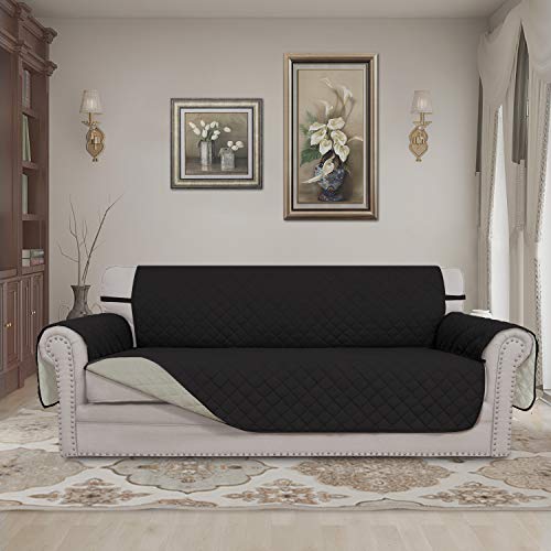 Easy-Going Reversible Couch Cover for 3 Cushion Couch Sofa Cover for Dogs Water Resistant Furniture Protector Cover with Foam Sticks Elastic Straps for Pet Cat (Sofa, Black/Beige) - Image 2