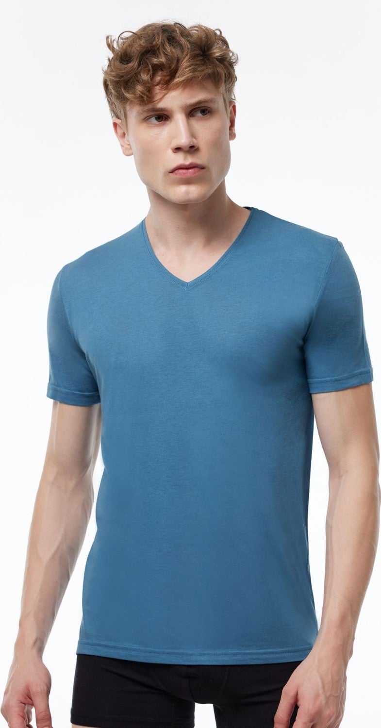 Malabadi Men's Blue 3-Pack Basic V-Neck Thin Modal Summer Cool T-shirt 3M085  - Image 2