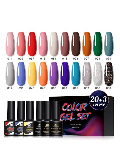 23Pcs Gel Nail Polish Set with 20 Colors Gel Nail and Base Gel Top Coat Matte Top Coat for Nail Art Salon for Women