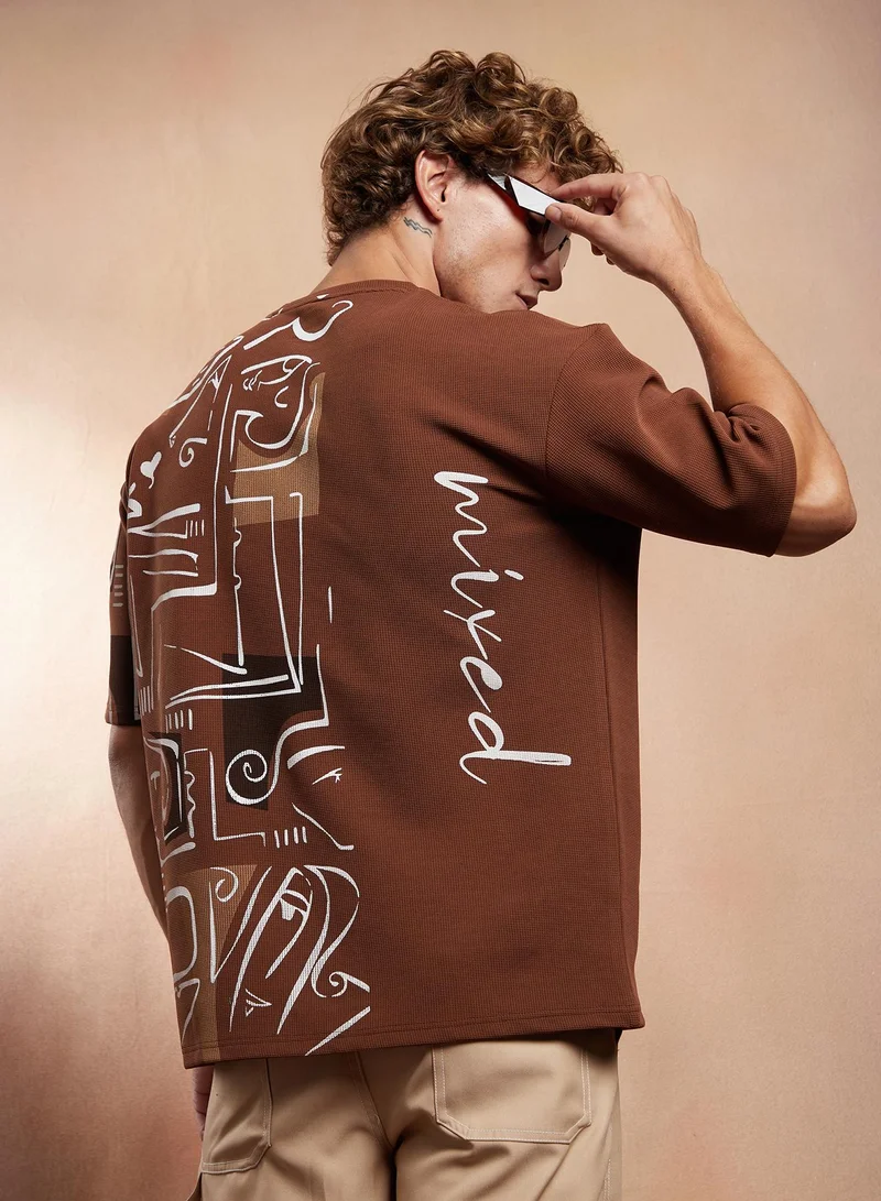 كامبوس سوترا Men's Mocha Brown Boxy Folk-Wave T-Shirt For Casual Wear | Crew Neck | Short Regular Sleeves | Pull On Closure | T-Shirt Crafted With Comfort Fit For Everyday Wear