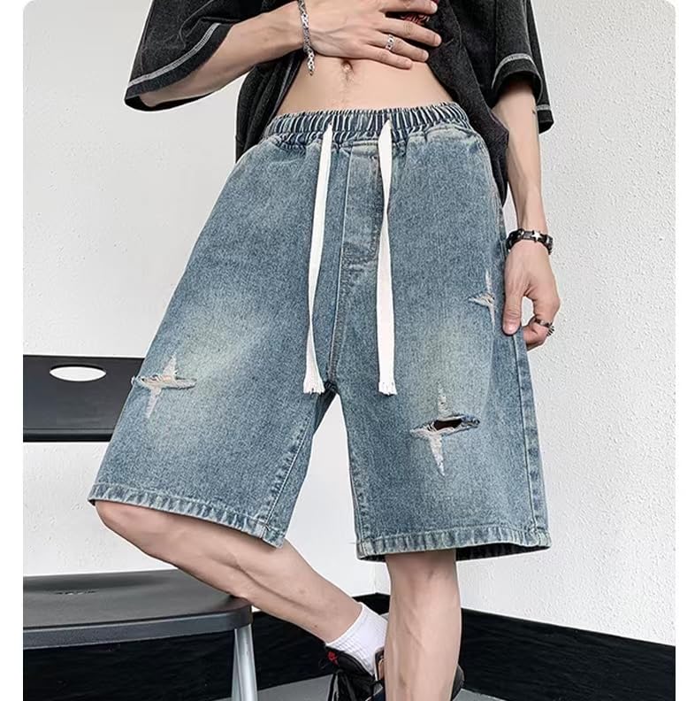 POHADON Y2K Blue Denim Shorts Summer Casual Loose Straight Leg Unisex Baggy Jeans Shorts Jorts Grunge Harajuku Streetwear (Blue,XL) - Image 4