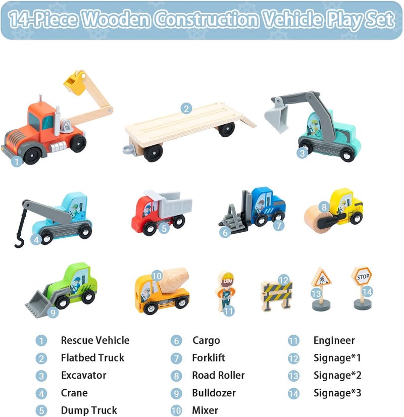 umu Wooden Construction Vehicle Transporter Play Set for Children Compatible with Brio World Railway Sets, Toy Includes Excavator, Crane, Roller, and Much More, 14-Piece Set for Children Ages 3, 4, 5 - Image 3