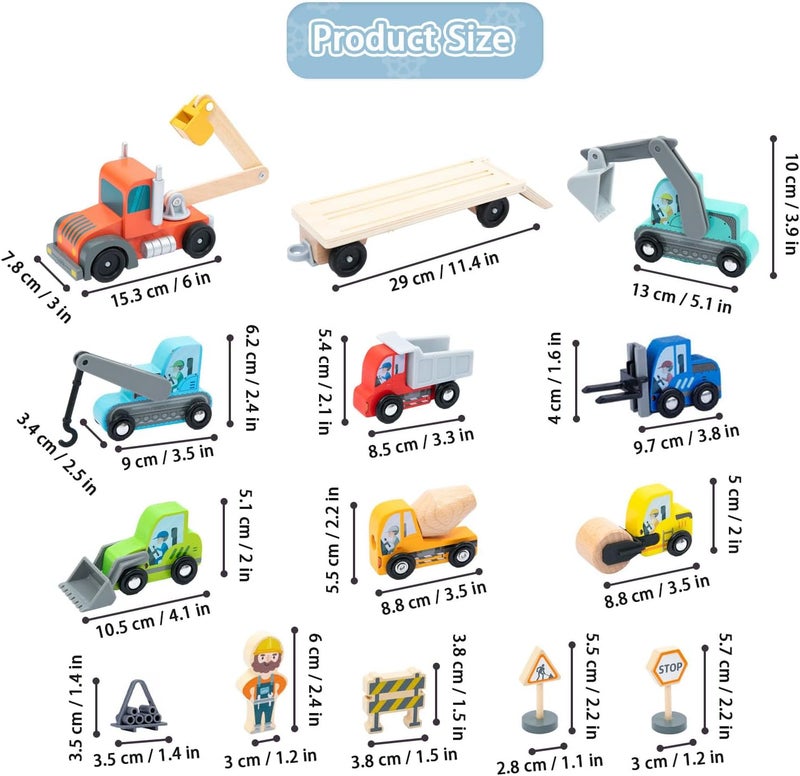 umu Wooden Construction Vehicle Transporter Play Set for Children Compatible with Brio World Railway Sets, Toy Includes Excavator, Crane, Roller, and Much More, 14-Piece Set for Children Ages 3, 4, 5 - Image 4